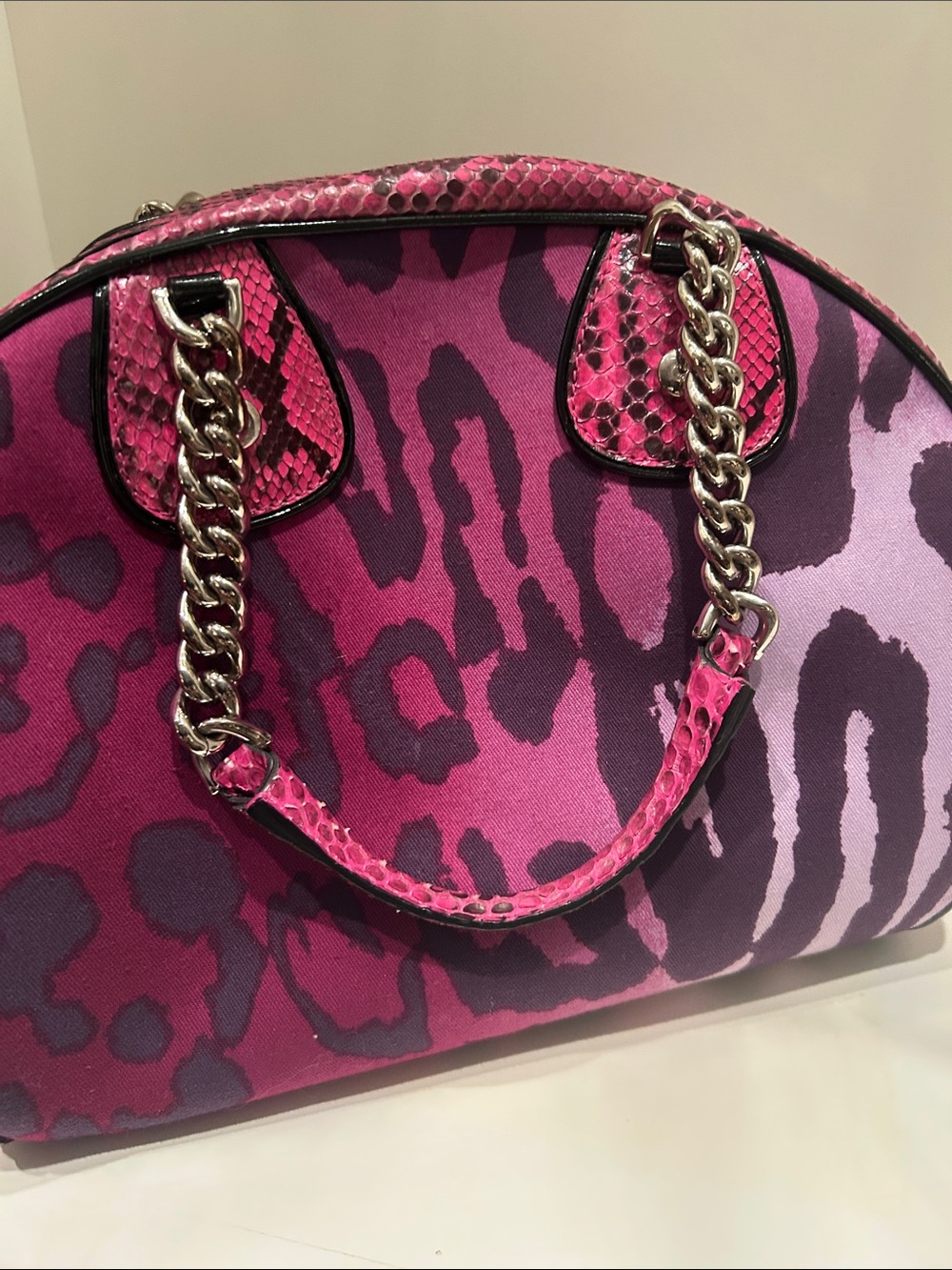 Dior Pink and Magenta Leopard-Print Satchel with Chain Charm - Picture 6 of 12
